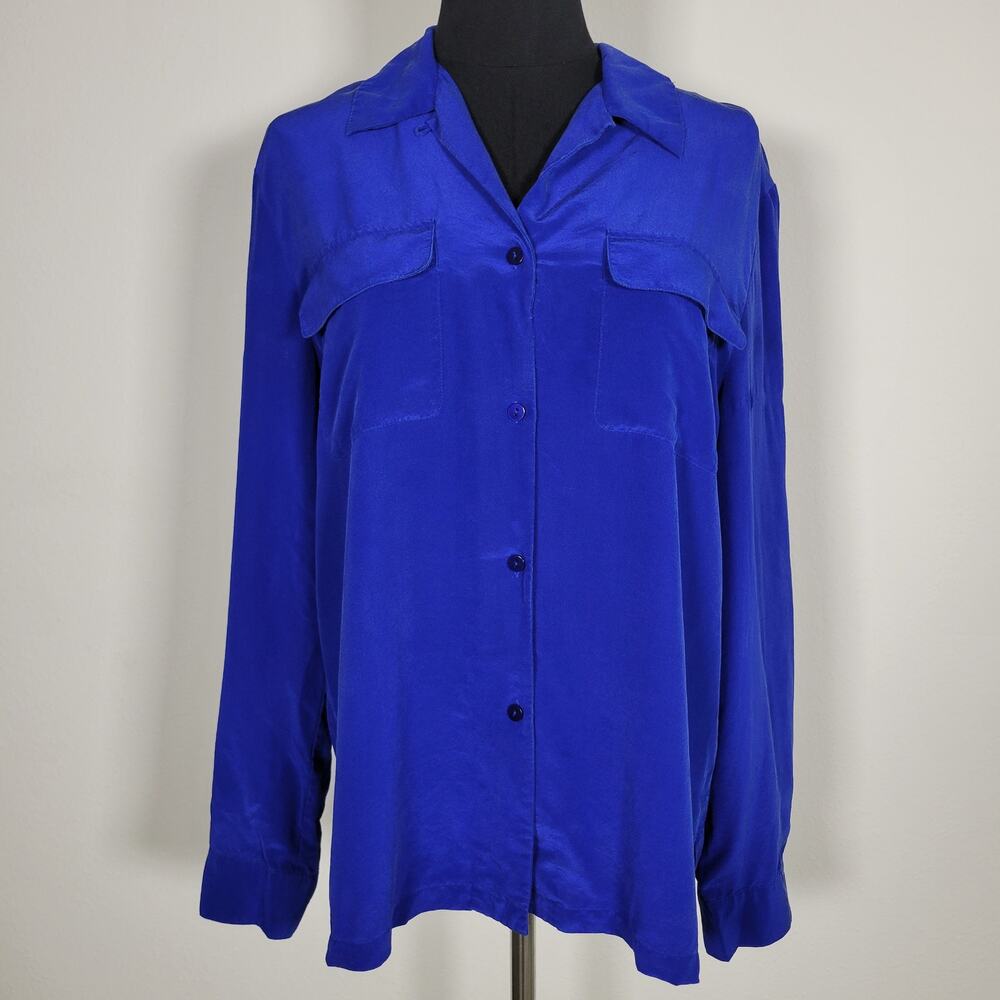Josephine Chaus 100% Silk Blouse Women's 10 Royal Blue Button Down Shirt Pockets